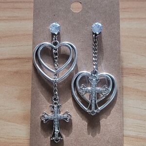 Silver Heart and Cross Drop Earrings